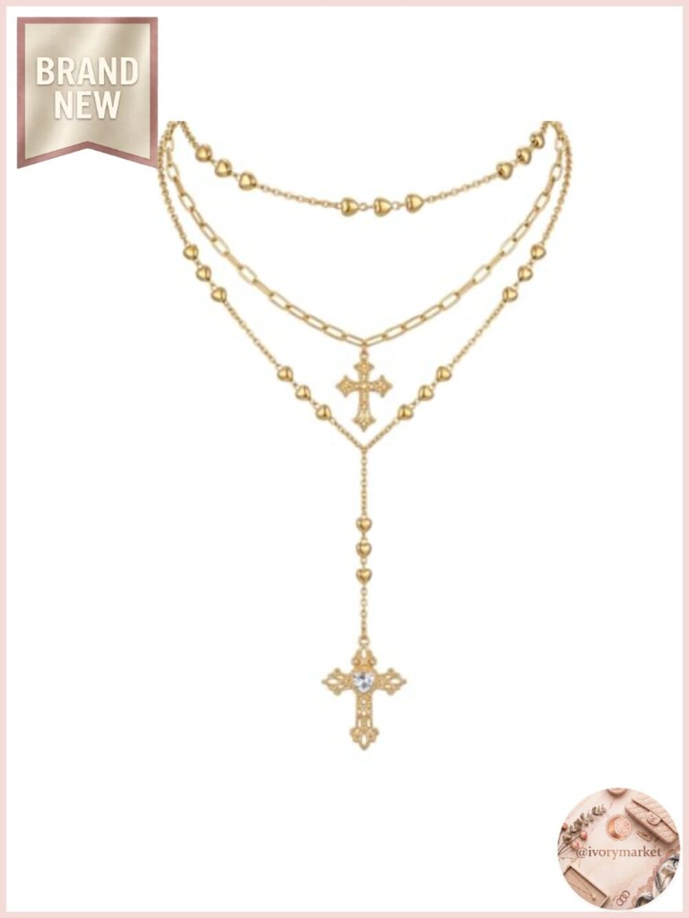 3-Layer Gold Plated Layered Rosary Cross Pendant Necklace with Colorful Stones